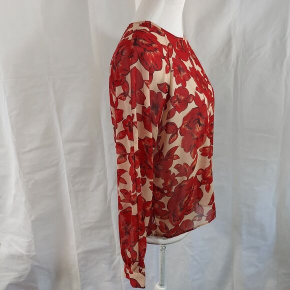 Forever 21 Shirt Top Blouse Size Small Sheer Floral Keyhole Button Red Beige - Picture 5 of 11